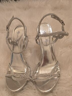 Silver Crystal-Strap Women's Heeled Sandals